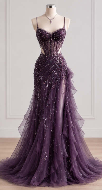 Robe de bal longue fourreau en mousseline avec bretelles perlées violet glamour ED11843