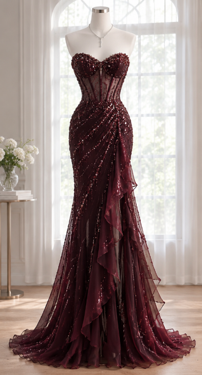 Robe de bal fourreau longue en mousseline bordeaux avec perles et décolleté cœur ED11844