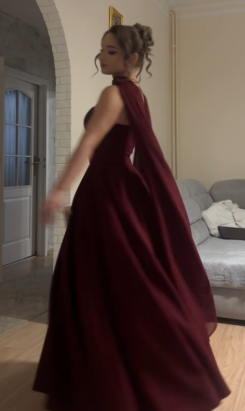 Robe de bal glamour bordeaux sans bretelles en mousseline coupe trapèze longue robe de soirée ED11847
