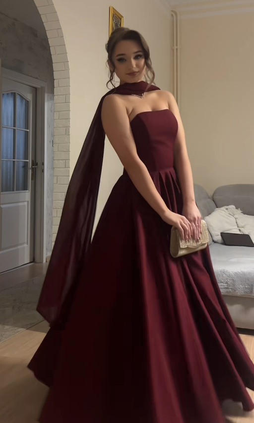 Robe de bal glamour bordeaux sans bretelles en mousseline coupe trapèze longue robe de soirée ED11847