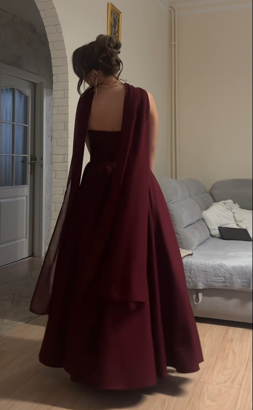 Robe de bal glamour bordeaux sans bretelles en mousseline coupe trapèze longue robe de soirée ED11847