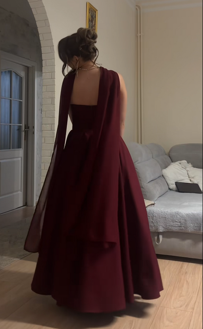 Robe de bal glamour bordeaux sans bretelles en mousseline coupe trapèze longue robe de soirée ED11847