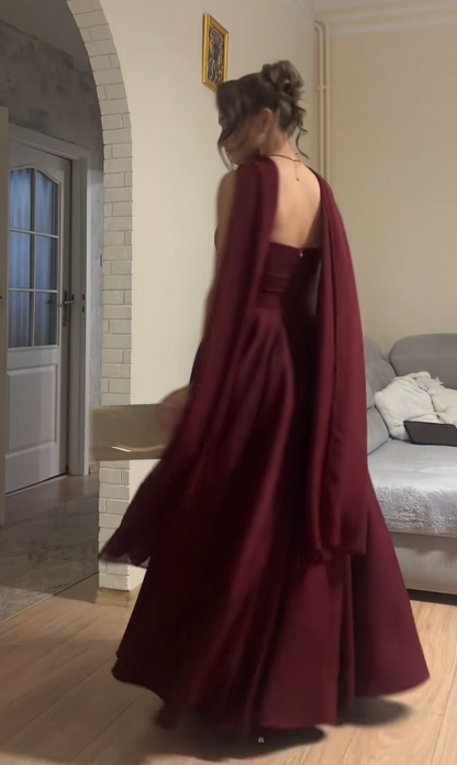 Robe de bal glamour bordeaux sans bretelles en mousseline coupe trapèze longue robe de soirée ED11847