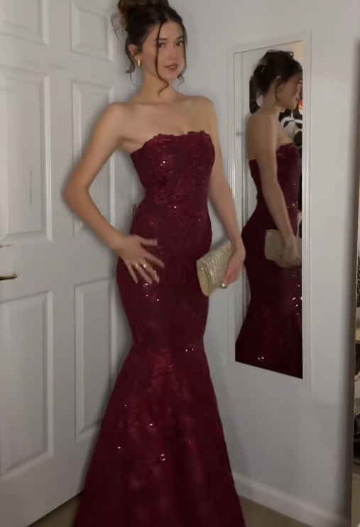Robe de bal glamour bordeaux, coupe sirène bustier à sequins, robe de soirée longue ED11848