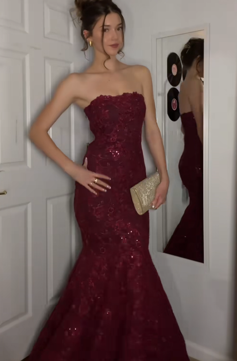 Robe de bal glamour bordeaux, coupe sirène bustier à sequins, robe de soirée longue ED11848