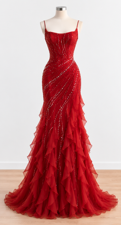 Robe de bal rouge glamour perlée à bretelles, coupe fourreau en mousseline, robe de soirée longue ED11849