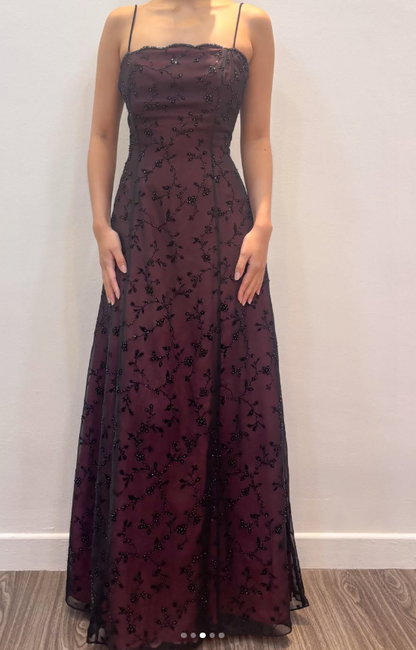 Robe de bal rouge glamour à perles, bretelles, coupe trapèze, longue robe de soirée en mousseline ED11850