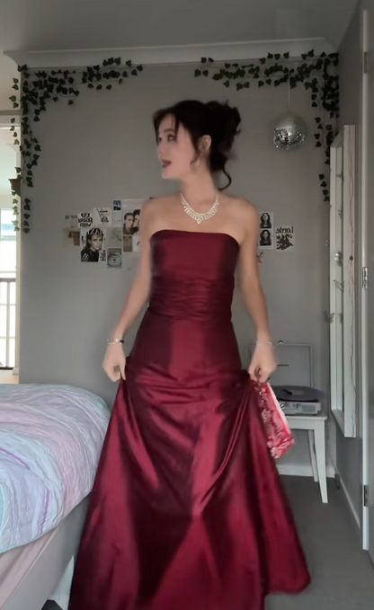 Robe de bal trapèze bustier bordeaux, longue robe de soirée en satin ED11851