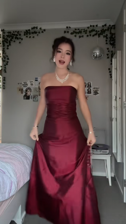 Robe de bal trapèze bustier bordeaux, longue robe de soirée en satin ED11851