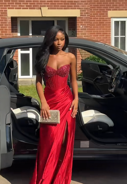 Jolie robe de bal rouge fourreau à décolleté en cœur, robe de soirée longue en satin ED11852