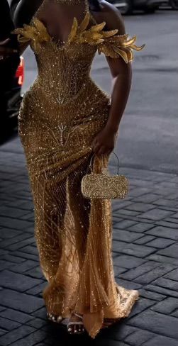 Robe de bal dorée tendance, coupe fourreau, épaules dénudées, en tulle à sequins, robe de soirée longue ED11854