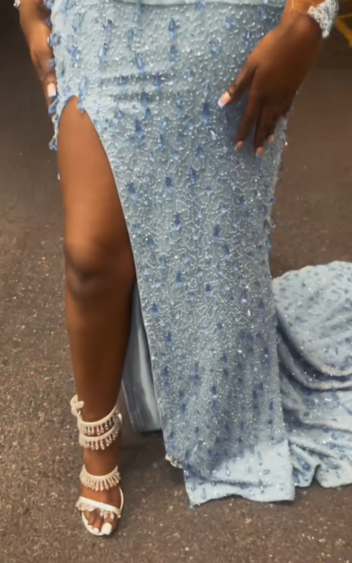 Robe de bal bleue fourreau en tulle avec perles, longue robe de soirée ED11857