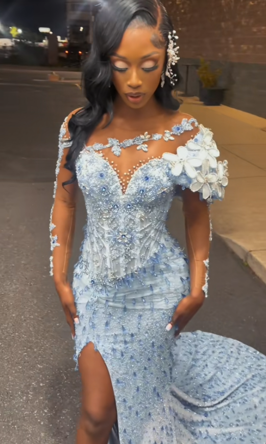 Robe de bal bleue fourreau en tulle avec perles, longue robe de soirée ED11857