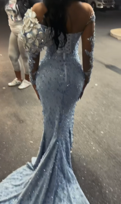 Robe de bal bleue fourreau en tulle avec perles, longue robe de soirée ED11857