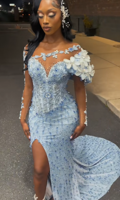 Robe de bal bleue fourreau en tulle avec perles, longue robe de soirée ED11857