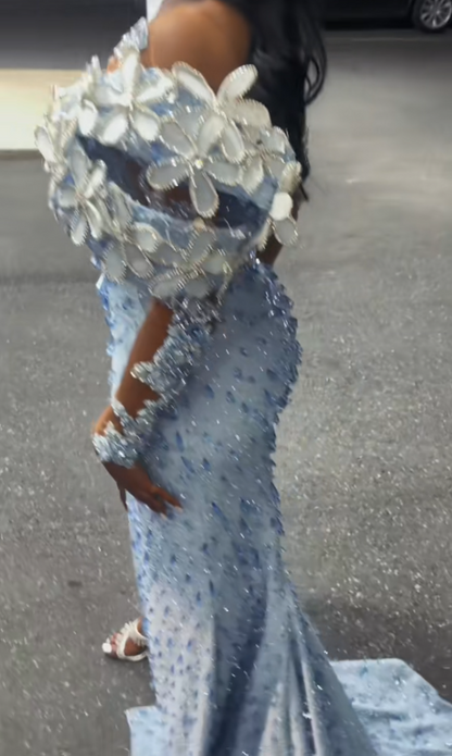 Robe de bal bleue fourreau en tulle avec perles, longue robe de soirée ED11857