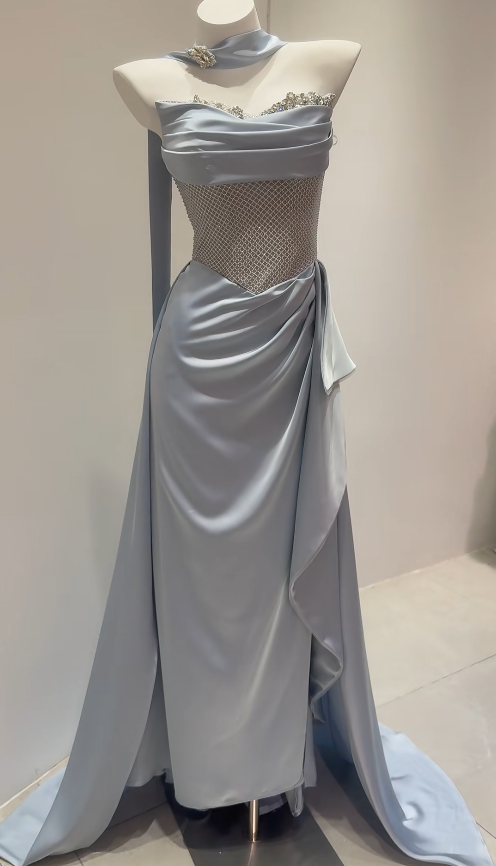 Robe de bal fourreau bleu pâle en satin, robe de soirée longue ED11858