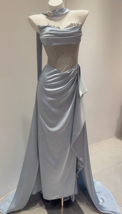Robe de bal fourreau bleu pâle en satin, robe de soirée longue ED11858