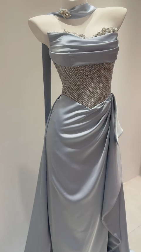 Robe de bal fourreau bleu pâle en satin, robe de soirée longue ED11858