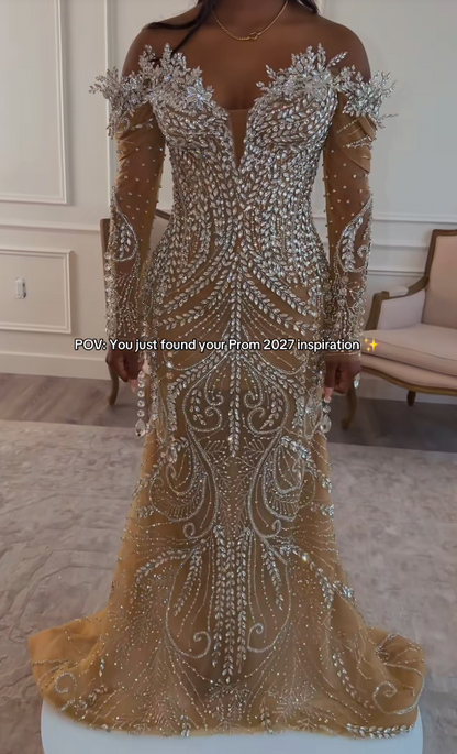 Robe de bal champagne magnifique à épaules dénudées, fourreau en tulle orné de perles, robe de soirée longue ED11860