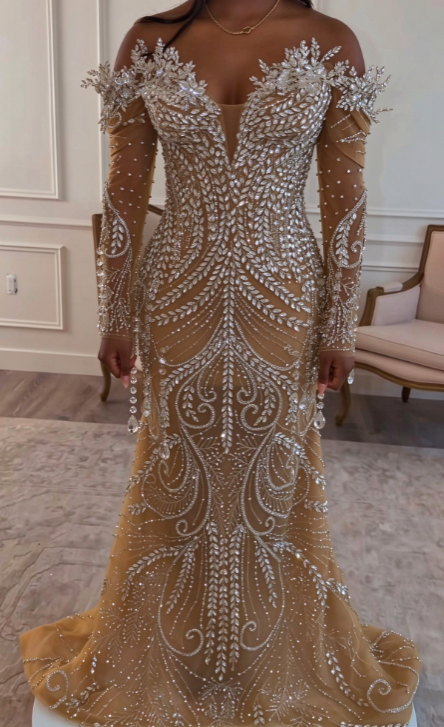 Robe de bal champagne magnifique à épaules dénudées, fourreau en tulle orné de perles, robe de soirée longue ED11860