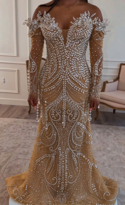 Robe de bal champagne magnifique à épaules dénudées, fourreau en tulle orné de perles, robe de soirée longue ED11860