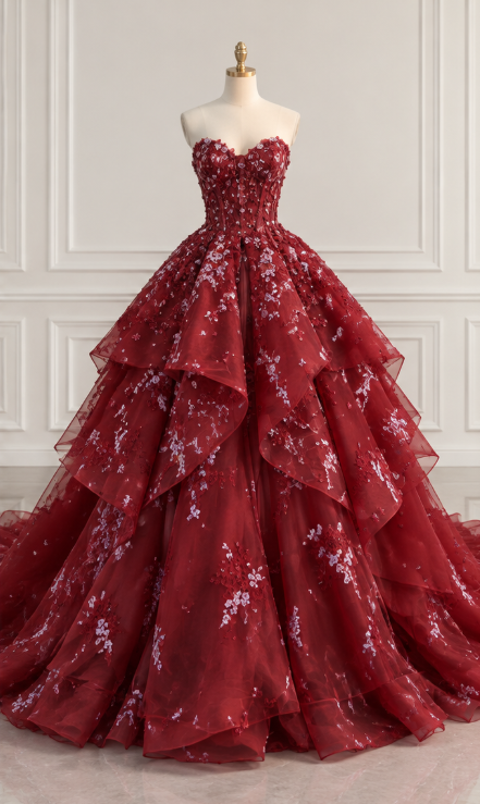 Robe de bal longue bordeaux, coupe trapèze, décolleté en cœur, ornée d'applications en tulle ED11862