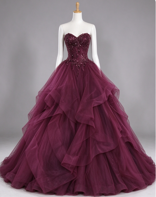 Robe de bal trapèze longue en tulle prune avec applications ED11863