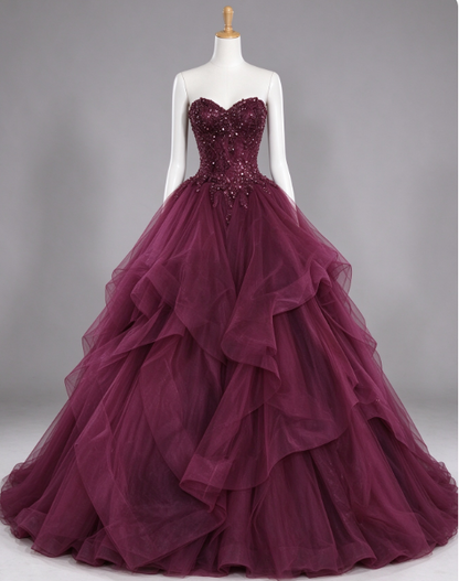 Robe de bal trapèze longue en tulle prune avec applications ED11863