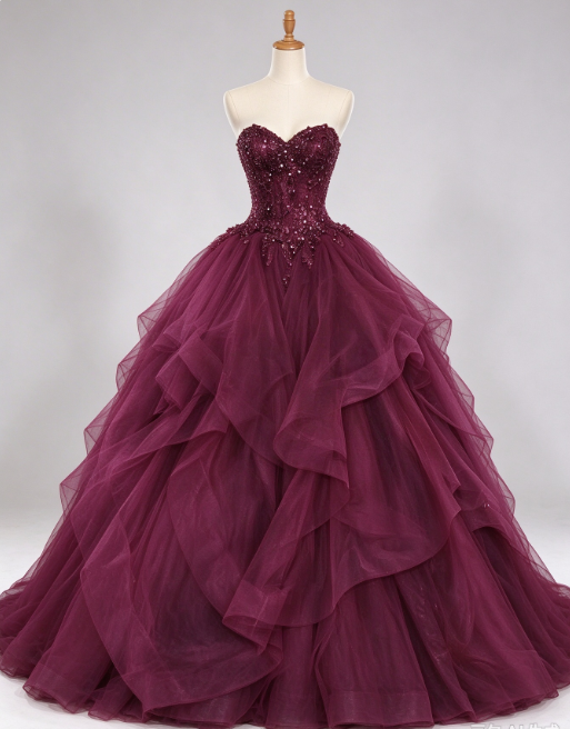 Robe de bal trapèze longue en tulle prune avec applications ED11863