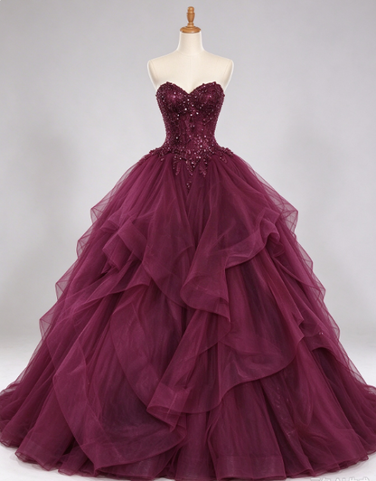 Robe de bal trapèze longue en tulle prune avec applications ED11863