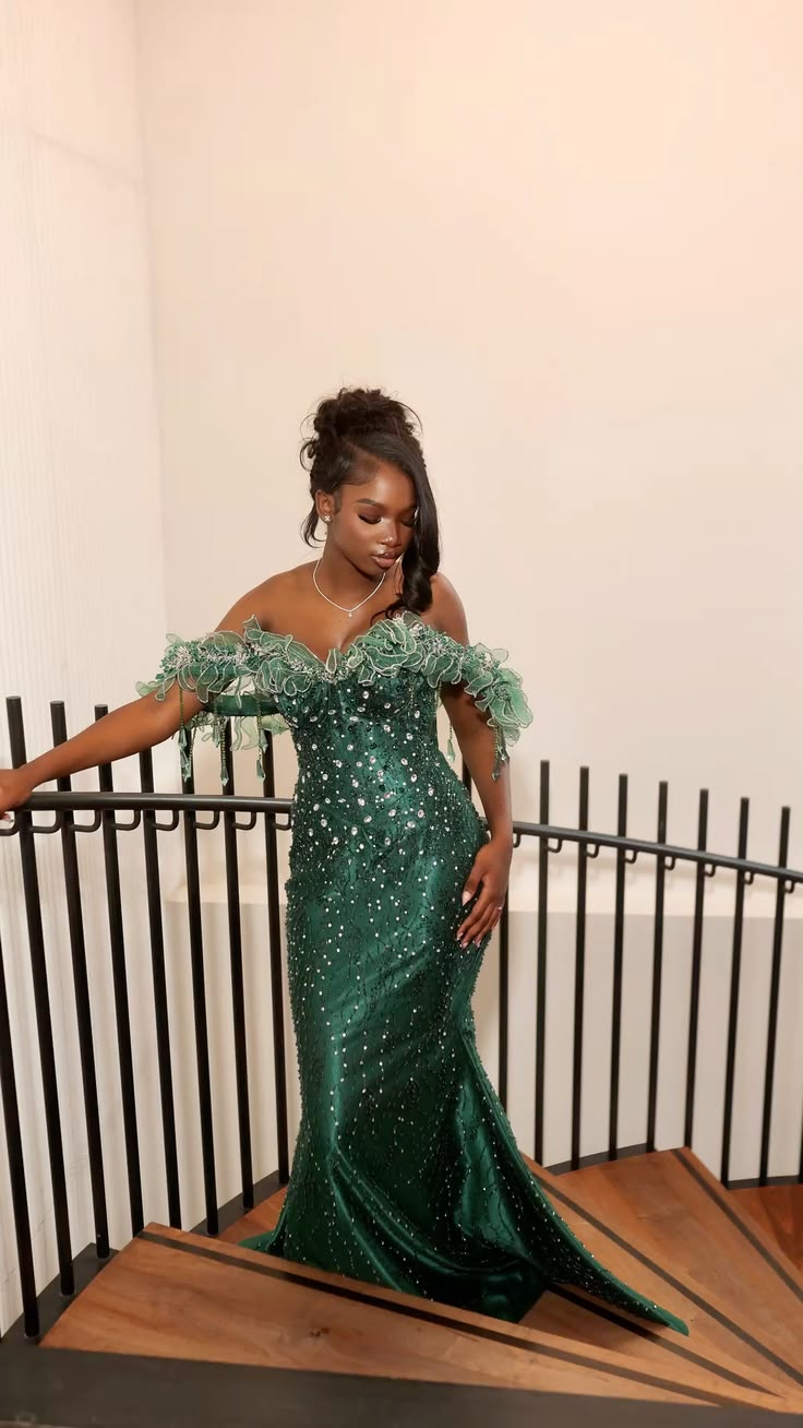 Magnifique robe de bal fourreau vert foncé en tulle perlé, robe de soirée longue ED11864