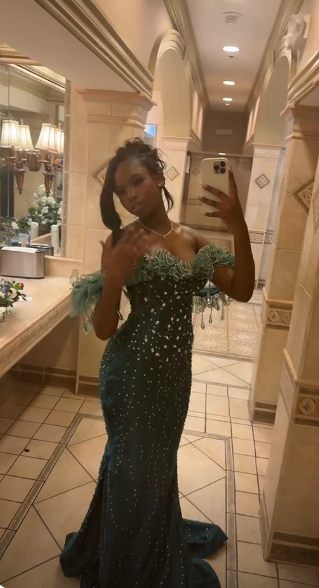 Magnifique robe de bal fourreau vert foncé en tulle perlé, robe de soirée longue ED11864