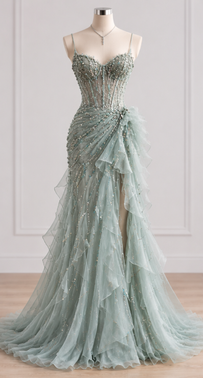 Robe de bal fourreau vert menthe somptueuse en mousseline perlée, robe de soirée longue ED11865
