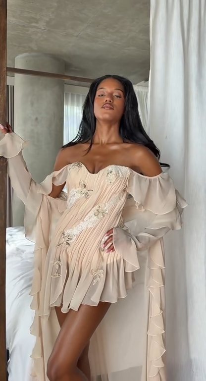 Robe de bal courte champagne élégante, robe de soirée fourreau en mousseline pour anniversaire ED11867