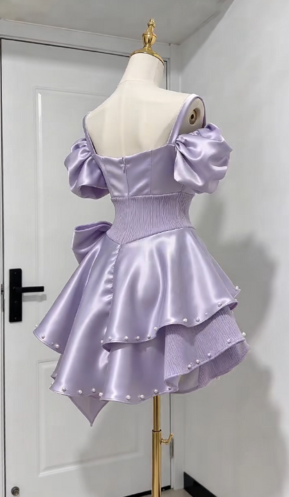 Robe de bal courte violette magnifique en satin coupe trapèze pour anniversaire ED11868