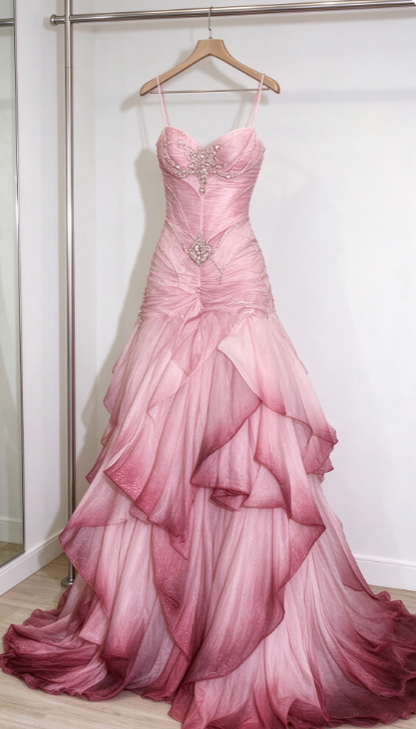 Wunderschönes langes Abendkleid aus Tüll in A-Linie, rosa Ballkleid ED11869