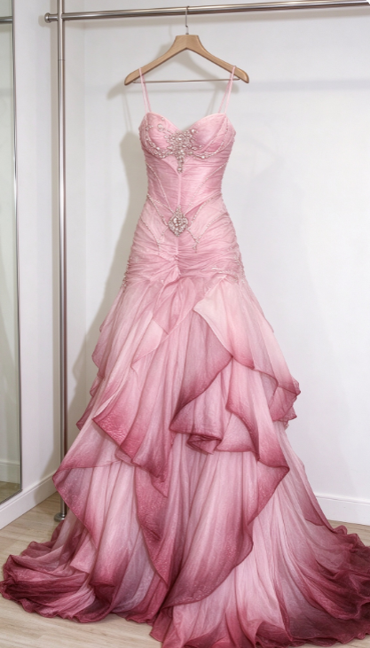 Wunderschönes langes Abendkleid aus Tüll in A-Linie, rosa Ballkleid ED11869