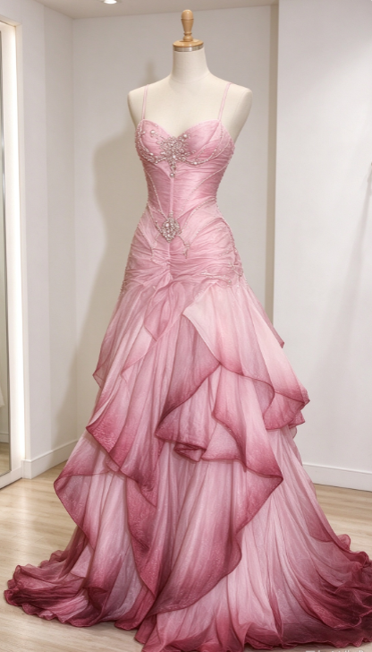 Wunderschönes langes Abendkleid aus Tüll in A-Linie, rosa Ballkleid ED11869