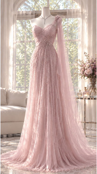Gorgeous Sheath Beaded Chiffon Long Evening Dress Pink Prom Dress ED11871