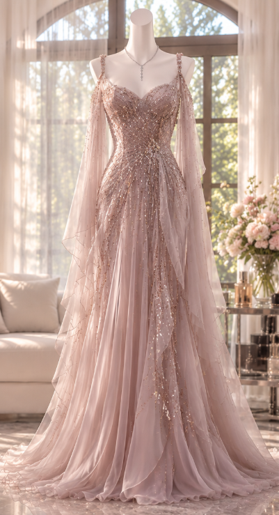 Gorgeous Sheath Beaded Chiffon Long Evening Dress Pink Prom Dress ED11872
