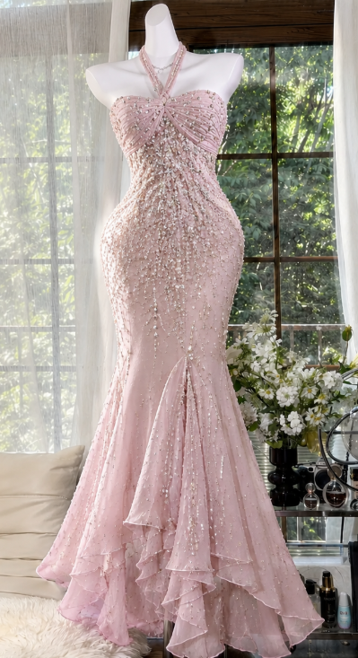 Gorgeous Mermaid Beaded Chiffon Long Evening Dress Pink Prom Dress ED11873