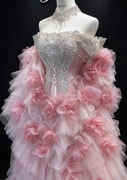 Wunderschönes langes Abendkleid in Meerjungfrauenform aus Glitzer-Tüll, rosa Ballkleid ED11874