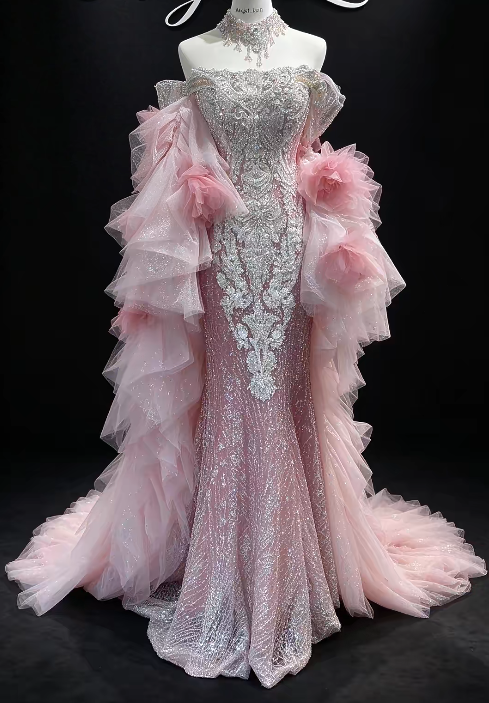 Wunderschönes langes Abendkleid in Meerjungfrauenform aus Glitzer-Tüll, rosa Ballkleid ED11874