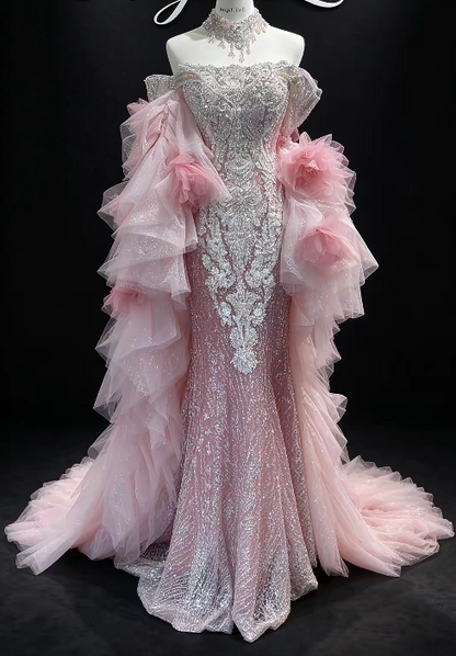 Wunderschönes langes Abendkleid in Meerjungfrauenform aus Glitzer-Tüll, rosa Ballkleid ED11874