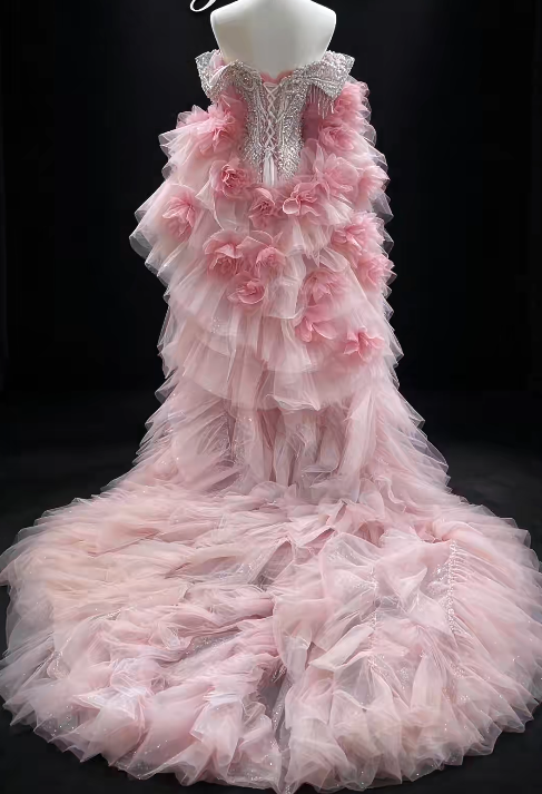 Wunderschönes langes Abendkleid in Meerjungfrauenform aus Glitzer-Tüll, rosa Ballkleid ED11874