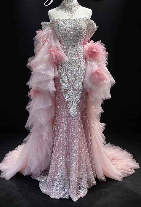 Wunderschönes langes Abendkleid in Meerjungfrauenform aus Glitzer-Tüll, rosa Ballkleid ED11874