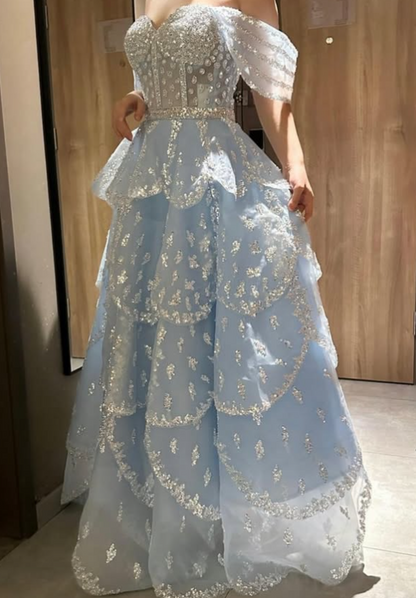 Gorgeous A-Line Tulle Long Evening Dress Giltter Pink Prom Dress ED11876
