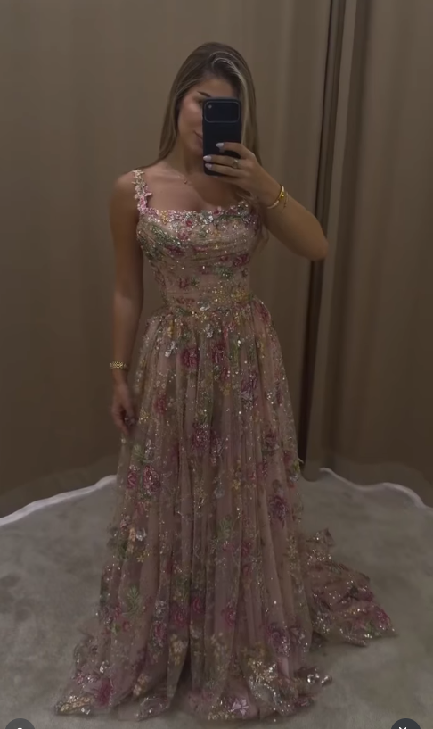 Gorgeous A-Line Tulle Sequins Long Evening Dress Giltter Pink Prom Dress ED11877