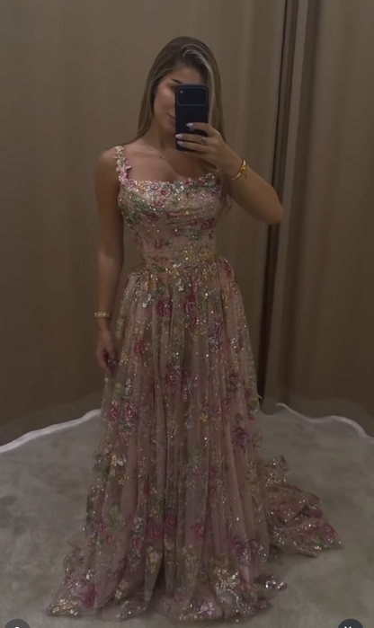 Gorgeous A-Line Tulle Sequins Long Evening Dress Giltter Pink Prom Dress ED11877